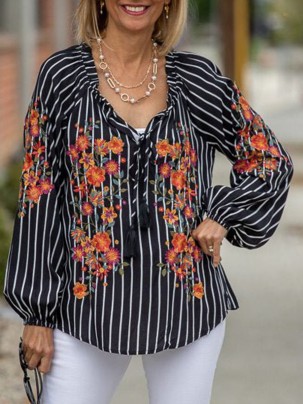 Black striped floral and plant embroidered shirt