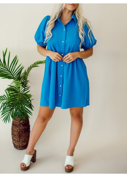 Blue Button Bubble Sleeve Shirt Dress