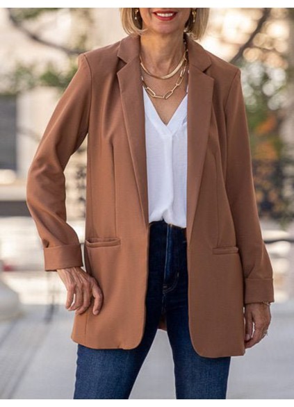 Brown pleated pocket open front suit jacket
