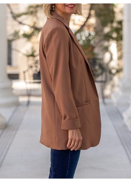 Brown pleated pocket open front suit jacket
