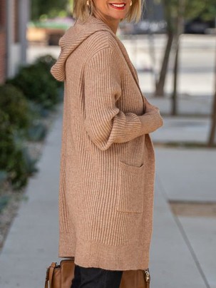 Camel long hooded cardigan with pockets